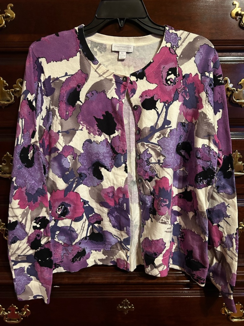 Charter Club Floral Cardigan Sweater, Size Petite Large